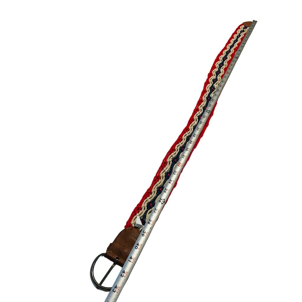 Vintage Woven Belt W/ Faux Leather Accents & D-Ring Buckle - Red White Blue - Si - Picture 6 of 12